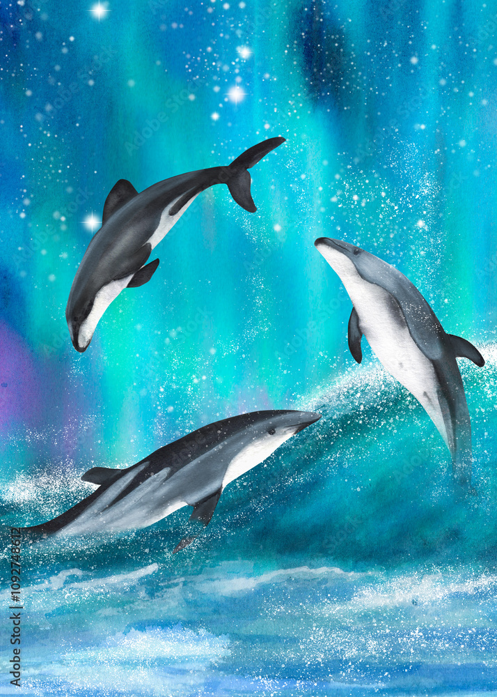 Fototapeta premium Ready-made postcard with three playing dolphins. Aurora. Ocean wave. Icelandic seascape. Hand-drawn watercolor illustration