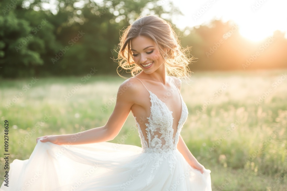 Bride in Flowing Wedding Dress at Sunset Golden Hour Portrait Bride in Flowing Wedding Dress at Sunset Golden Hour Portrait