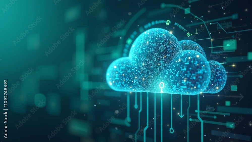 Abstract illustration of medical data transitioning to a secure network cloud in cool blue and green tones Abstract illustration of medical data transitioning to a secure network cloud in cool blue and green tones