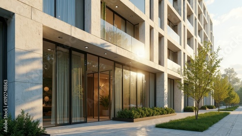 Contemporary eco-friendly building facade basking in afternoon light with integrated air quality technology