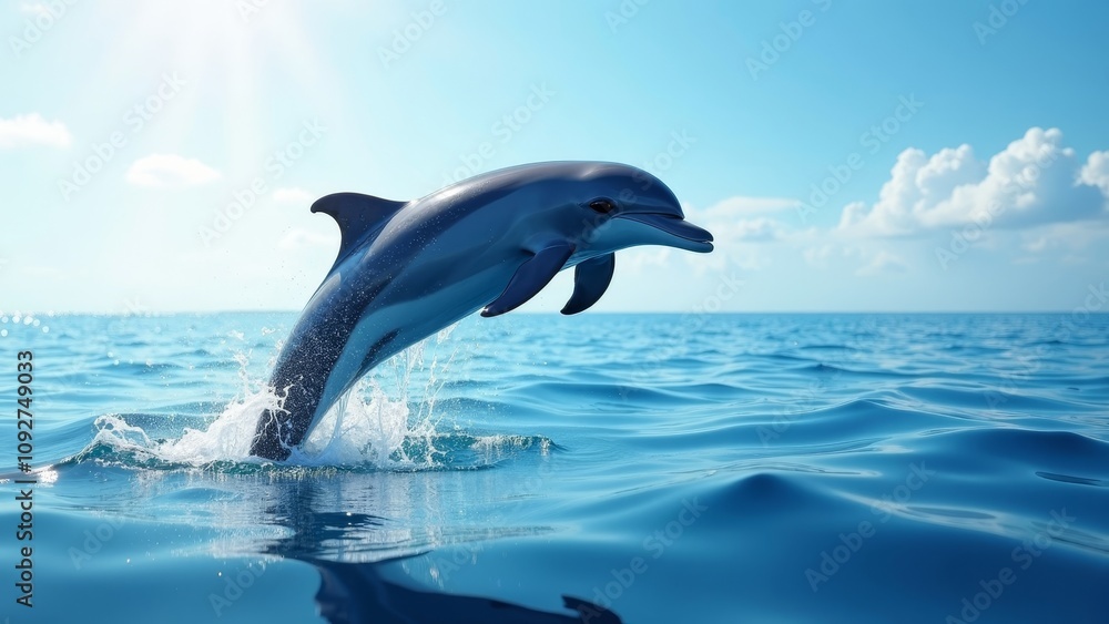Fototapeta premium Dolphin leaping through sparkling ocean waves against a bright blue sky