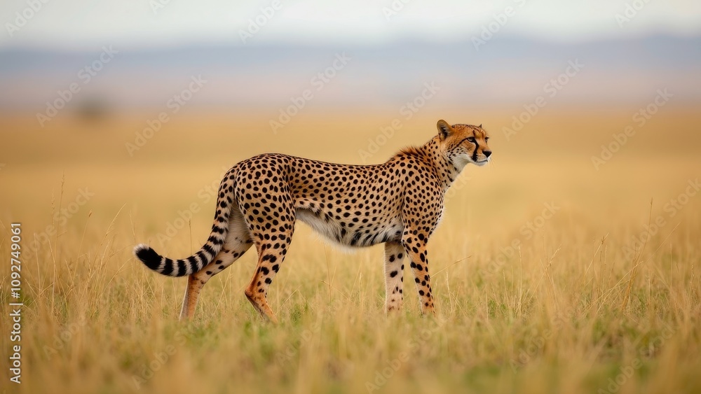 Sleek cheetah poised for action on golden grassy plain in African landscape Sleek cheetah poised for action on golden grassy plain in African landscape