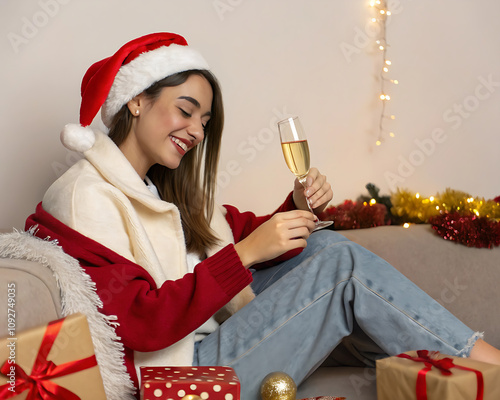 Christmas came early for me. Shot of a young woman celebrating christmas with champagne against a studio background. photo