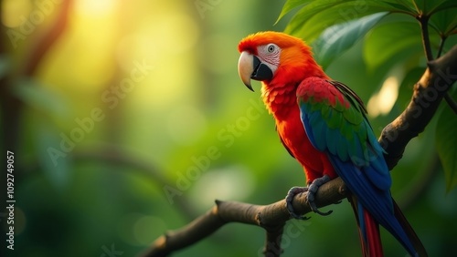 Stunning close-up of a colorful parrot basking in sunlight on a tree branch surrounded by rainforest foliage