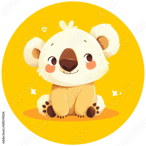 A cute cartoon koala character sitting against a bright yellow background. photo