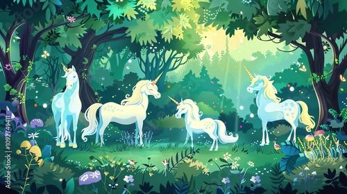 A cartoon illustration of four unicorns in a magical forest.