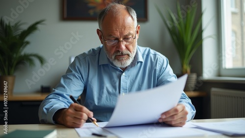 Focused Mature Compliance Officer Reviewing Environmental Permits at a Tidy Desk