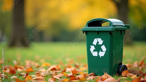 Small green recycling bin in a park surrounded by colorful autumn leaves