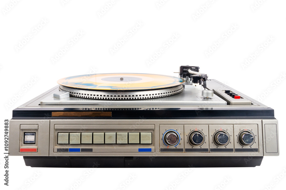 Fototapeta premium Vintage turntable record player with blue and orange vinyl isolated on white background.