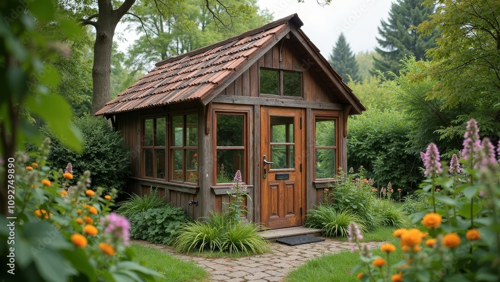 Rustic greenhouse made of reclaimed wood in a vibrant backyard garden Rustic greenhouse made of reclaimed wood in a vibrant backyard garden