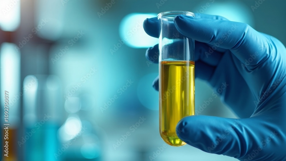 Detailed view of a gloved hand showcasing a yellow chemical test tube in a lab Detailed view of a gloved hand showcasing a yellow chemical test tube in a lab