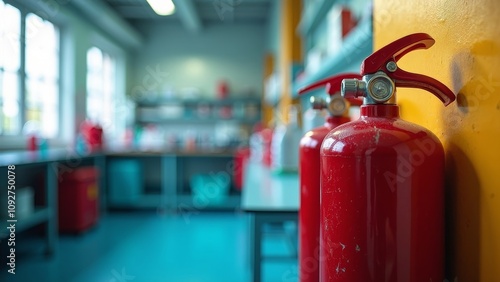 Fire extinguisher mounted on wall in a vibrant chemistry lab, emphasizing safety