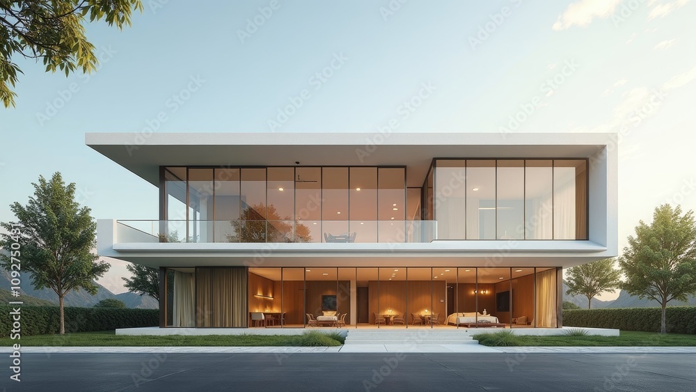 Fototapeta premium Contemporary minimalist building featuring large glass windows and inviting interior spaces