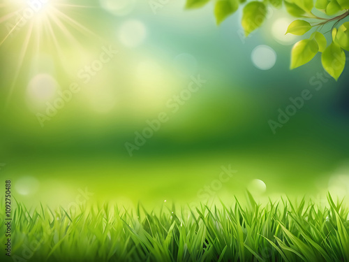 A fresh spring sunny garden background of green grass and blurred foliage bokeh,sky, sunlight, plant, illustration, vector, day, green color, lawn,