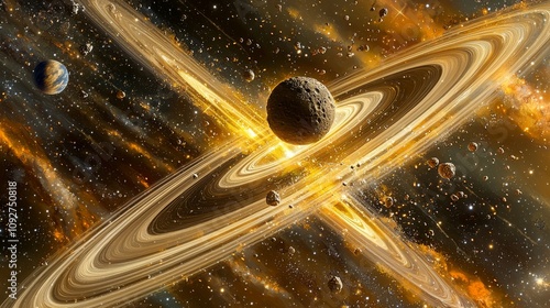 A dynamic scene showing an asteroid escaping Jupiter's gravitational pull towards Saturn, energy trails, cosmic forces visualized, space photography style, dramatic lighting, stellar background, high 