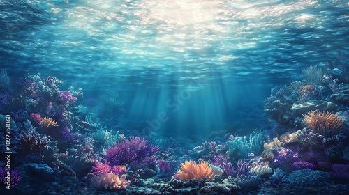 Vibrant Underwater Coral Reef Scene Illuminated By Sunlight