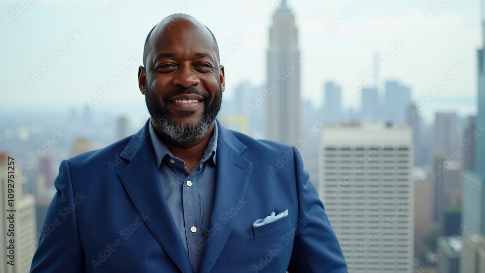 Fototapeta premium Confident middle-aged Black man in a tailored blue suit smiling against an iconic city skyline