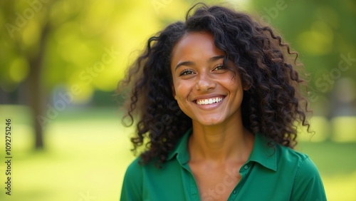 Smiling young Hispanic woman with curly hair in a green blouse enjoying a sunny day in the park