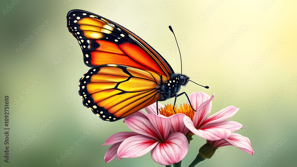 Fototapeta premium A detailed butterfly with vibrant wings perched on a blooming flower illustration. Generative AI