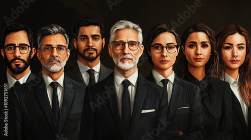 An artistic composition of a group of seven professionals dressed in sleek suits, portraying strength, experience, and professionalism in a sophisticated environment.