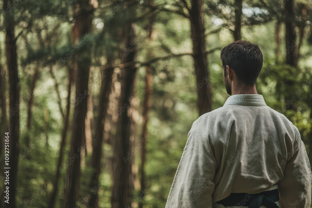 Fototapeta premium A man in traditional attire walking through a tranquil forest path in the early morning light