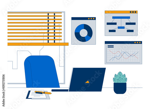 Data analytics job workspace 2D illustration concept. Analysis charts desk setup. Office space laptop potted plant cartoon background isolated on white. Metaphor abstract flat vector graphic