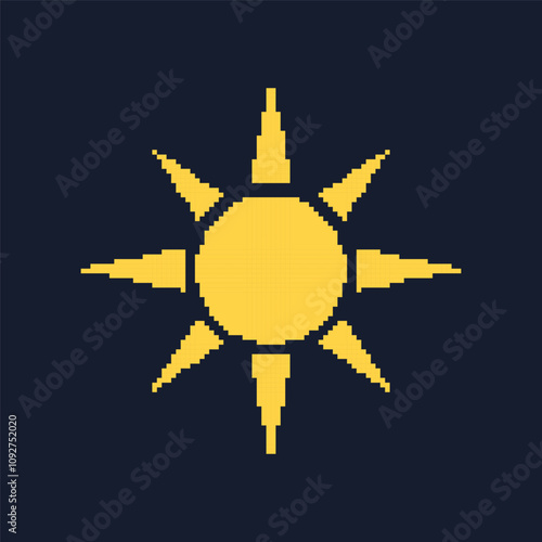 Sun Pixel Art Icon. Retro Game Yellow Sun Isolated on Dark Background. Vintage Video Game Symbol. Isolated Vector Illustration