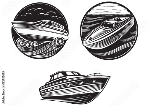speed boat silhouette vector illustration, Speedboat on Water, boat logo vector design, speed boat icon symbol vector illustration template on white background