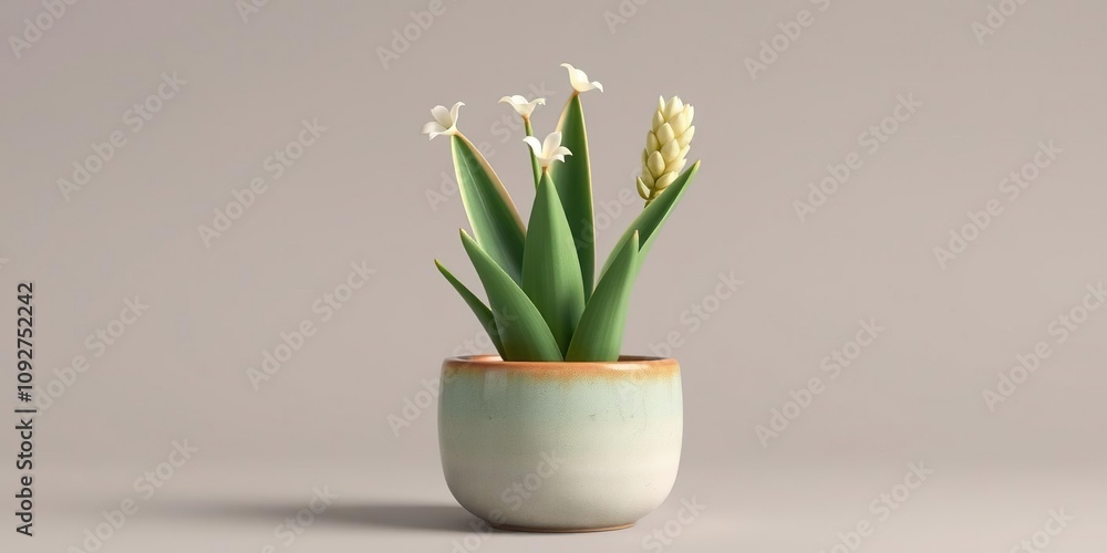 Single yucca plant growing out of a small ceramic pot with a pastel-colored glaze and white flowers, pastel colors, yucca plant Single yucca plant growing out of a small ceramic pot with a pastel-colored glaze and white flowers, pastel colors, yucca plant
