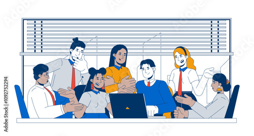 Large meeting conference colleagues cartoon flat illustration. Discussion cooperation. Multicultural coworkers collaboration 2D characters isolated on white background. Vector colorful image