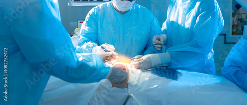 Closeup Surgeon team during bariatric surgery with laparoscopic instruments in operating room, blue light banner.