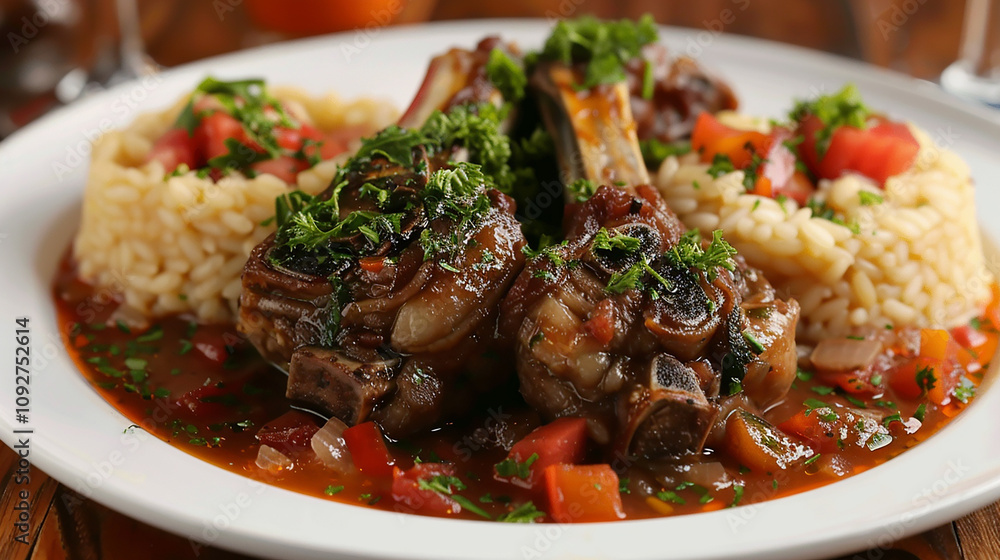 A plate of hearty ossobuco, with tender braised veal shanks cooked in a rich tomato sauce with vegetables, wine, and herbs, served with gremolata and risotto Milanese. A plate of hearty ossobuco, with tender braised veal shanks cooked in a rich tomato sauce with vegetables, wine, and herbs, served with gremolata and risotto Milanese.