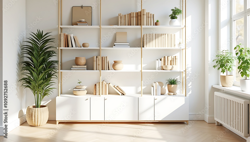 A neatly styled modern bookshelf with neutral-colored books, potted plants, and minimal decorative elements, in a bright, sunlit living room. A neatly styled modern bookshelf with neutral-colored books, potted plants, and minimal decorative elements, in a bright, sunlit living room.
