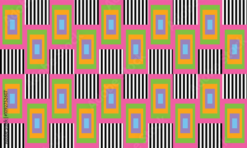 seamless geometric pattern with shapes, abstract colorful abstract vintage background, pink green yellow Blue Blocks brick Wall Geometric in black strip repeat pattern design for fabric print 