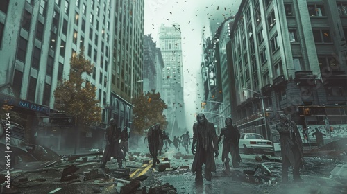 Zombies walk through a city destroyed by the apocalypse