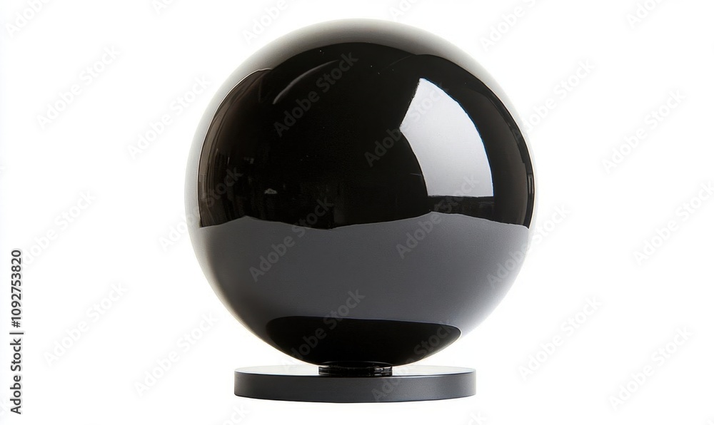 A shiny black sphere on a circular base, possibly a decorative object. A shiny black sphere on a circular base, possibly a decorative object.