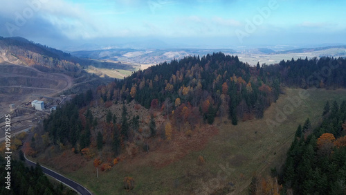 Autumn in the mountains, autumn mountains from above. Drone view. photo