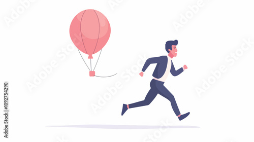 Businessman chasing air balloon in dreamy landscape