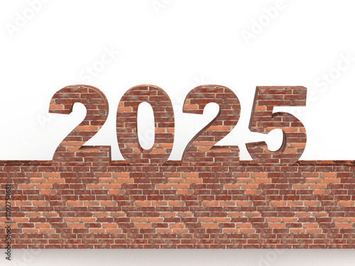 Brick New Year 2025 set on a stone wall in front. Post idea for a construction company. 3d rendering