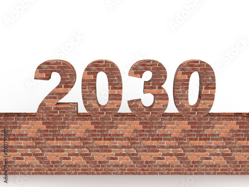 Brick New Year 2030 set on a stone wall in front. Post idea for a construction company. 3d rendering