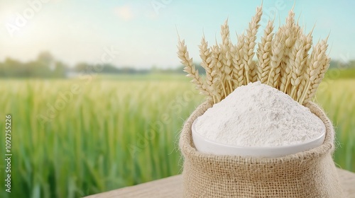 Sack of Fresh Wheat Flour and Ears in Scenic Field Background