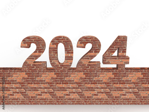 Brick New Year 2024 set on a stone wall in front. Post idea for a construction company. 3d rendering