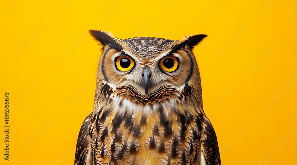 Fototapeta premium Majestic Owl Portrait Against Vibrant Yellow Background