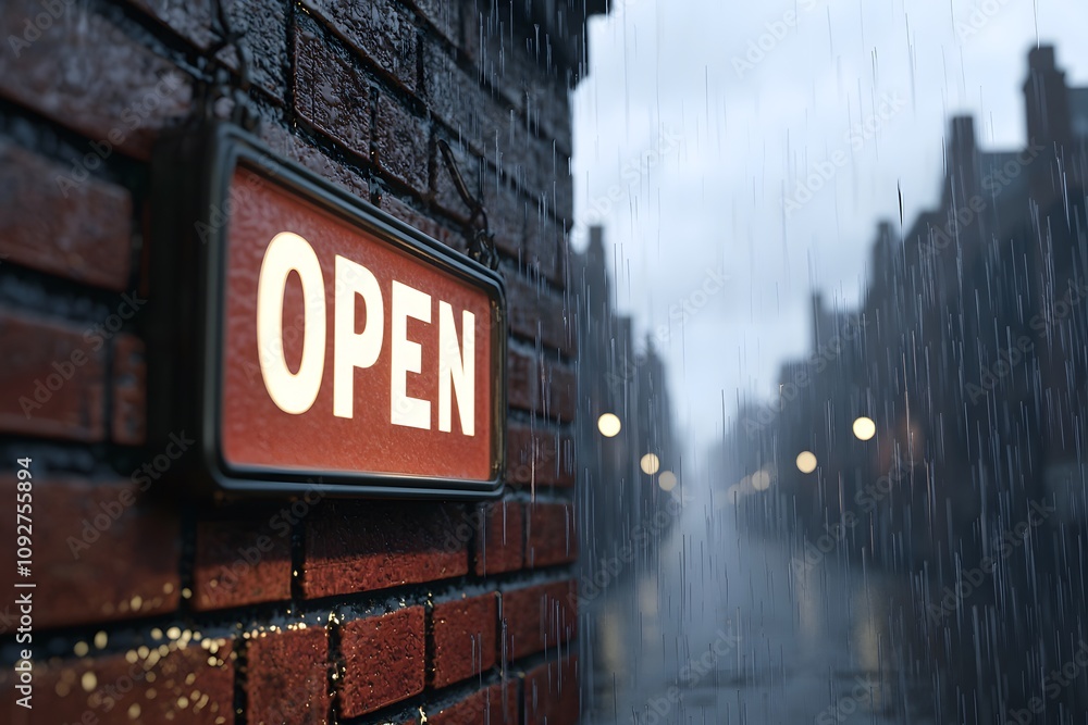 Obraz premium Rainy Day Open Sign Brick Wall City Street Business Shop Retail
