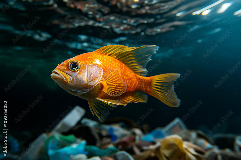 Vibrant orange fish navigates through a sea of plastic pollution, underscoring the harmful impact of pollution on marine ecosystems Vibrant orange fish navigates through a sea of plastic pollution, underscoring the harmful impact of pollution on marine ecosystems