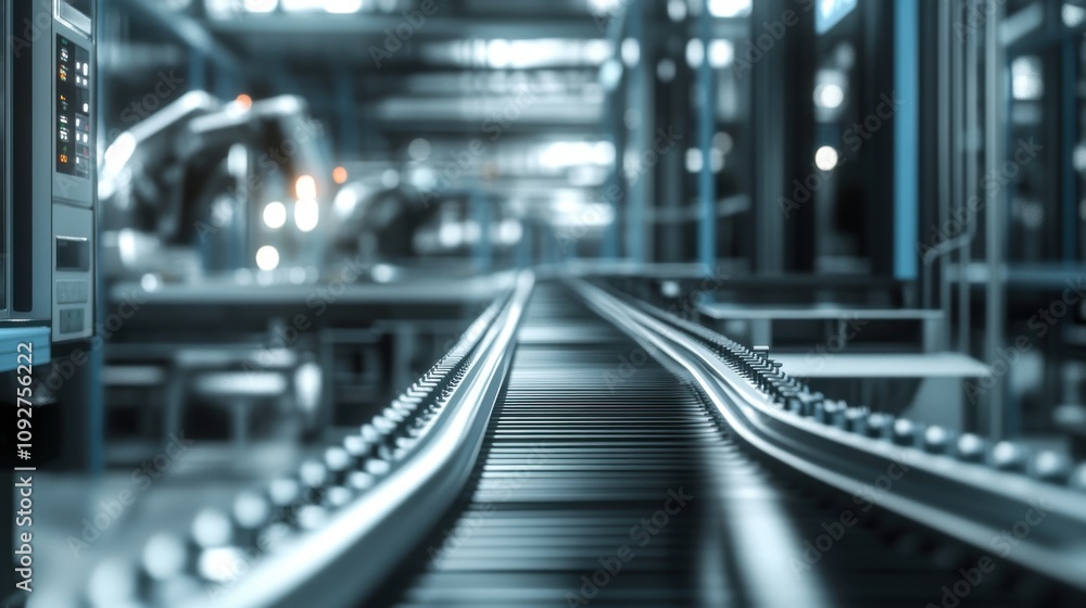 Empty assembly line conveyor belt moving through automated production factory. Empty assembly line conveyor belt moving through automated production factory.