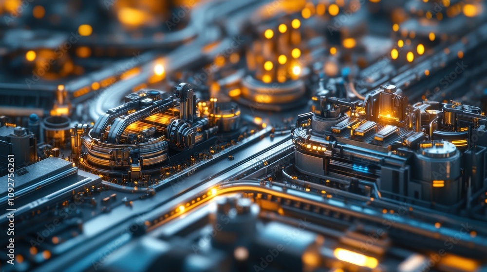 Futuristic industrial complex operating at night with lights illuminating surroundings. Futuristic industrial complex operating at night with lights illuminating surroundings.