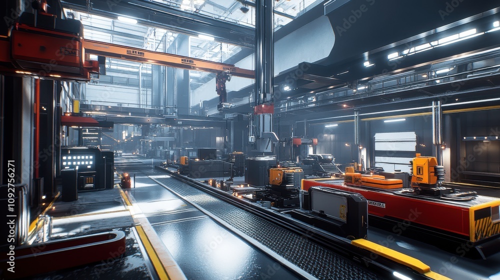 Futuristic industrial factory processing materials on assembly line. Futuristic industrial factory processing materials on assembly line.