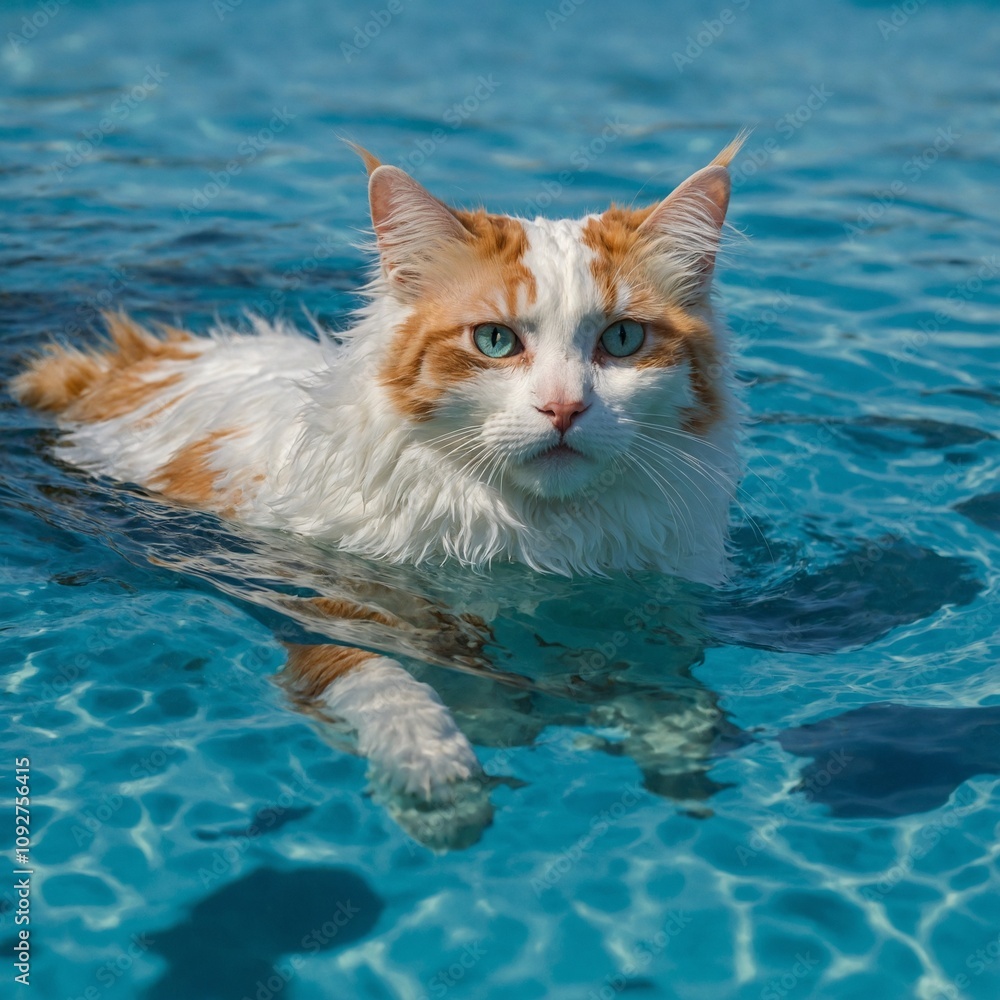 A fluffy Turkish Van cat swimming gracefully in a clear, turquoise lake under a bright blue sky.
A fluffy Turkish Van cat swimming gracefully in a clear, turquoise lake under a bright blue sky.