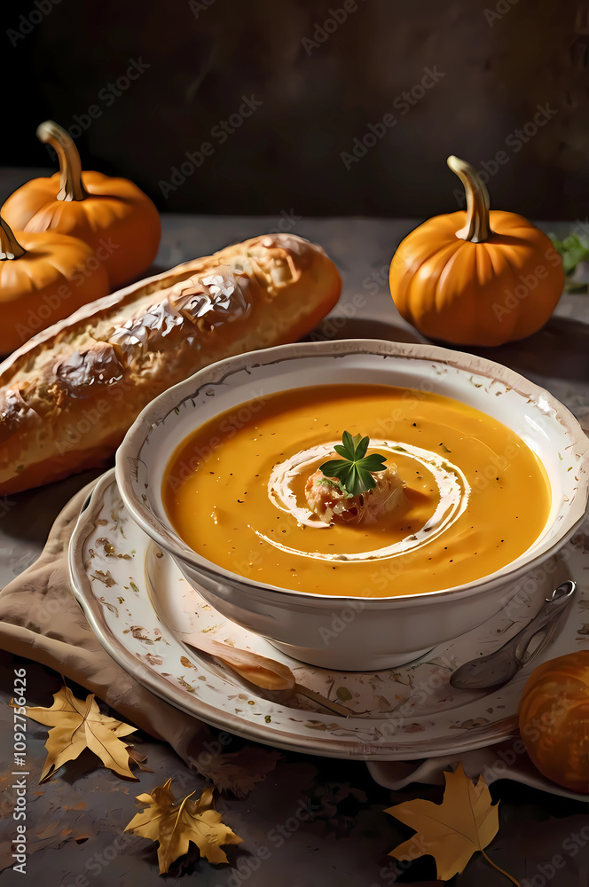 pumpkin soup in a bowl with a fresh baguette and pumpkins on a timber table. Rustic setting. pumpkin soup in a bowl with a fresh baguette and pumpkins on a timber table. Rustic setting.